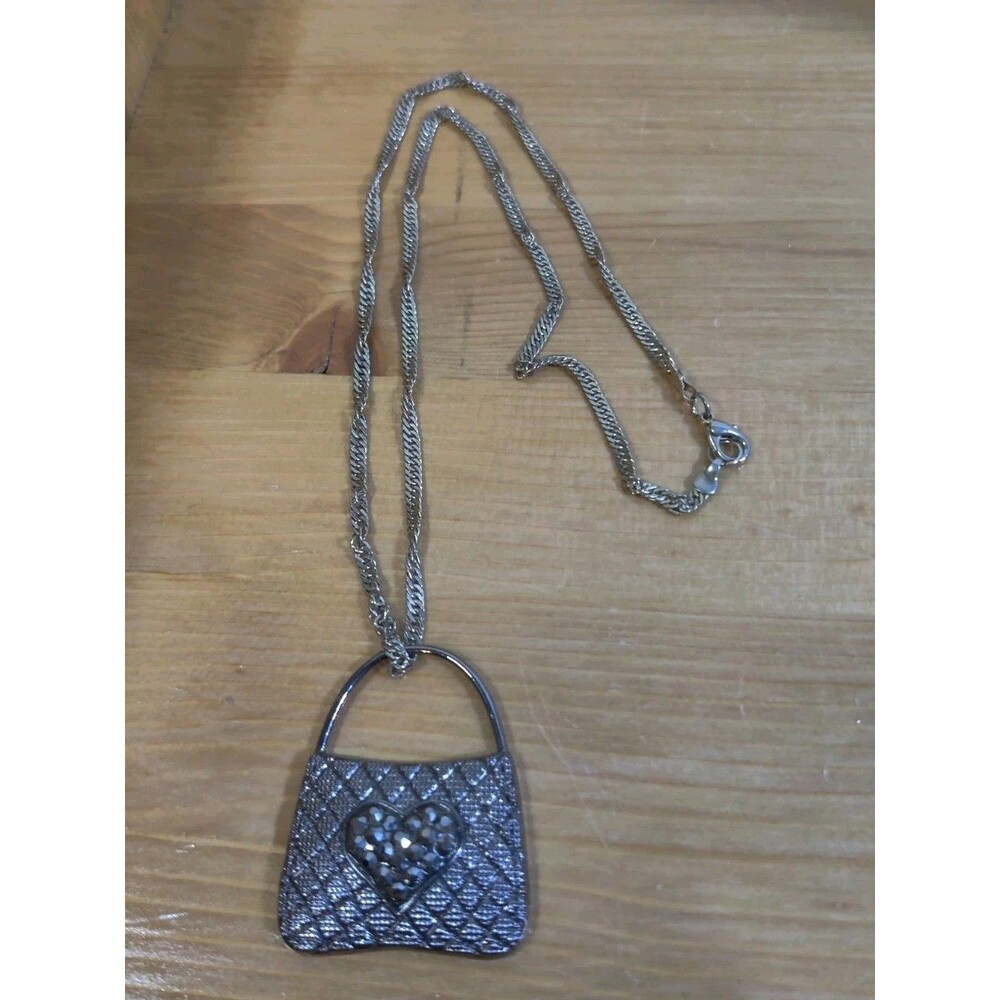 Rhinestone 2" Purse W/ Heart Necklace Silvertone Chain Shiny Beautiful 24” Chain